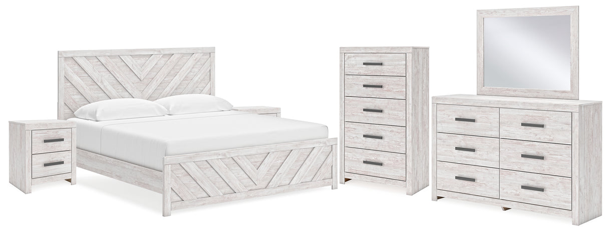 Cayboni King Panel Bed with Mirrored Dresser, Chest and 2 Nightstands in Whitewash from Ashley - Luna Furniture