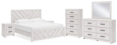 Cayboni King Panel Bed with Mirrored Dresser, Chest and 2 Nightstands in Whitewash from Ashley - Luna Furniture