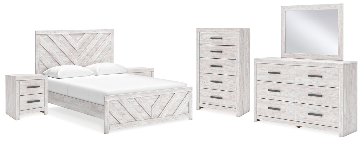 Cayboni Queen Panel Bed with Mirrored Dresser, Chest and 2 Nightstands in Whitewash from Ashley - Luna Furniture