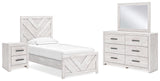 Cayboni Twin Panel Bed with Mirrored Dresser and Nightstand in Whitewash from Ashley - Luna Furniture