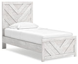 Cayboni Twin Panel Bed with Mirrored Dresser and Nightstand in Whitewash from Ashley - Luna Furniture