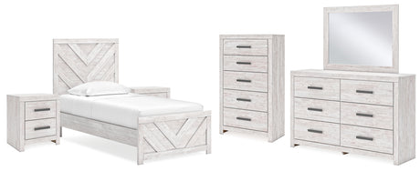 Cayboni Twin Panel Bed with Mirrored Dresser, Chest and 2 Nightstands in Whitewash from Ashley - Luna Furniture