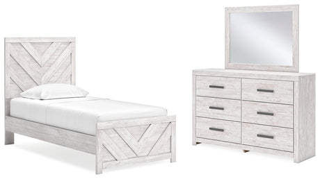 Cayboni Twin Panel Bed with Mirrored Dresser in Whitewash from Ashley - Luna Furniture