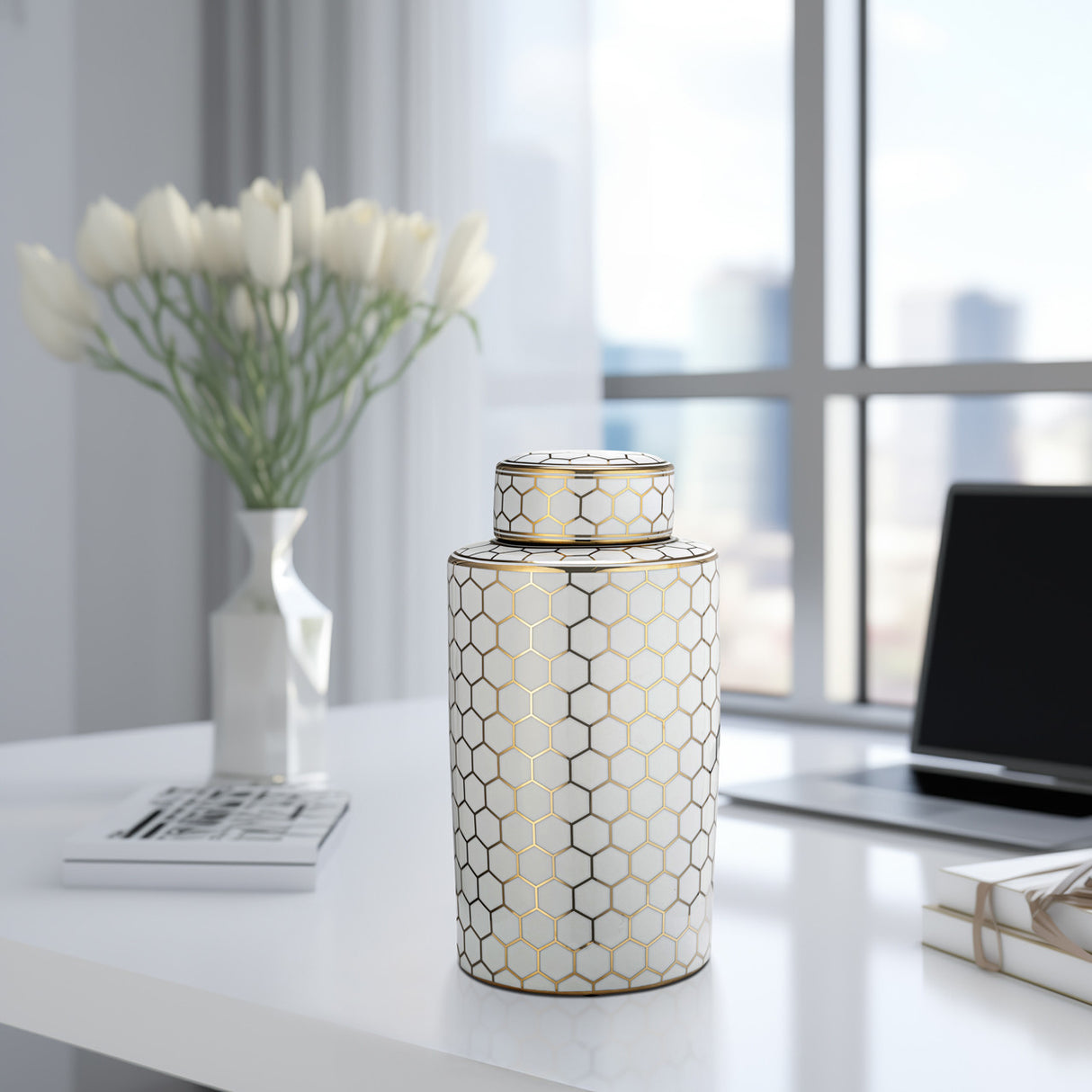 Cer, 12" Honeycomb Jar W/ Lid, Gold from Sagebrook Home - Luna Furniture