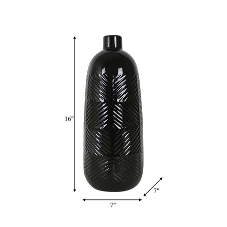 Cer, 16" Textured Lines Vase, Black - 18625-06