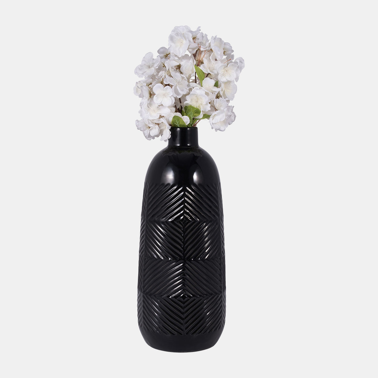 Cer, 16" Textured Lines Vase, Black - 18625-06