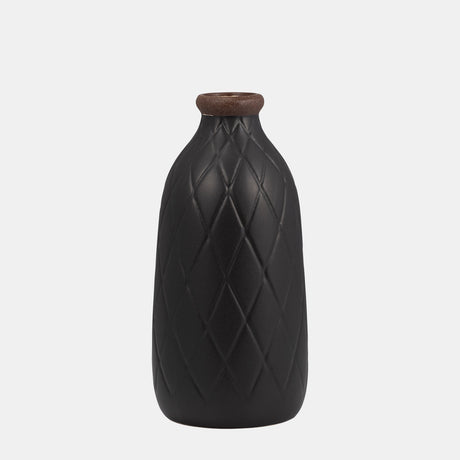 Cer, 9" Plaid Textured Vase, Black from Sagebrook Home - Luna Furniture