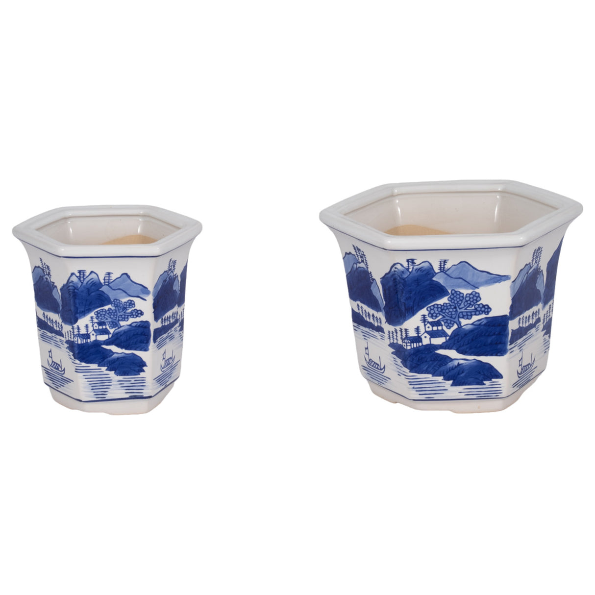 Cer, S/2 6/8" Fluted Chinoiserie Planters,blue/wht from Sagebrook Home - Luna Furniture