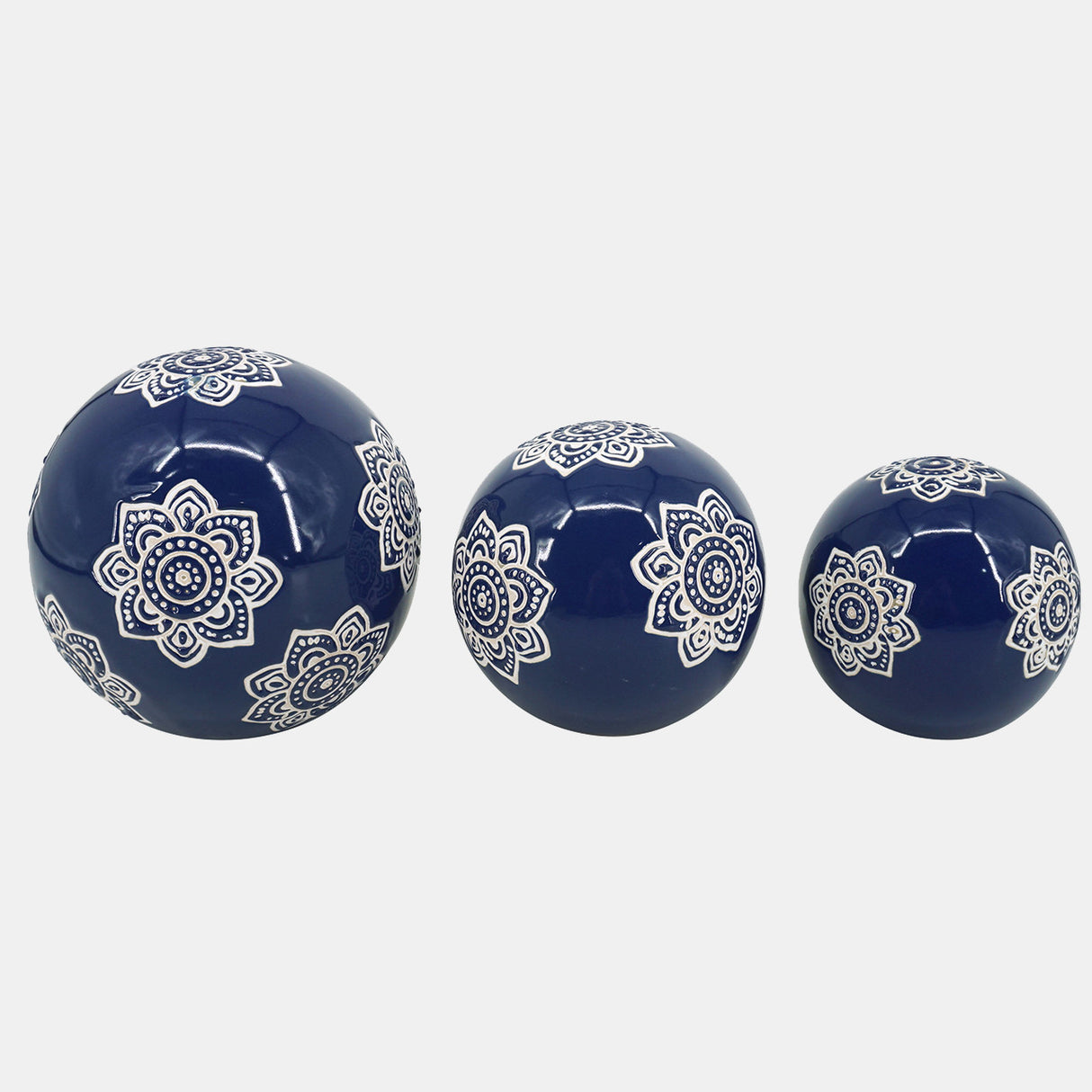 Cer, S/3 Chinoiserie Lotus Orbs, 4/5/6" Blue/wht from Sagebrook Home - Luna Furniture