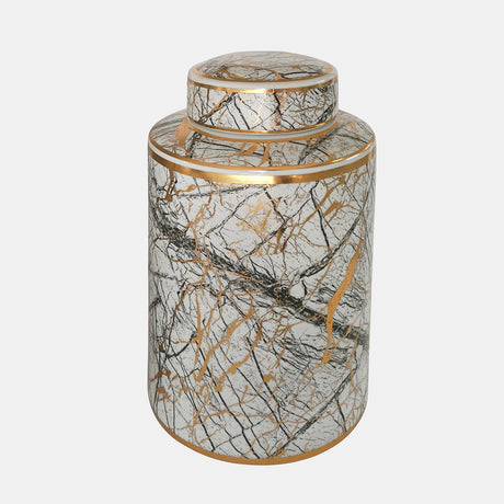 Ceramic 12" Jar With Gold Lid, White - 15402-02