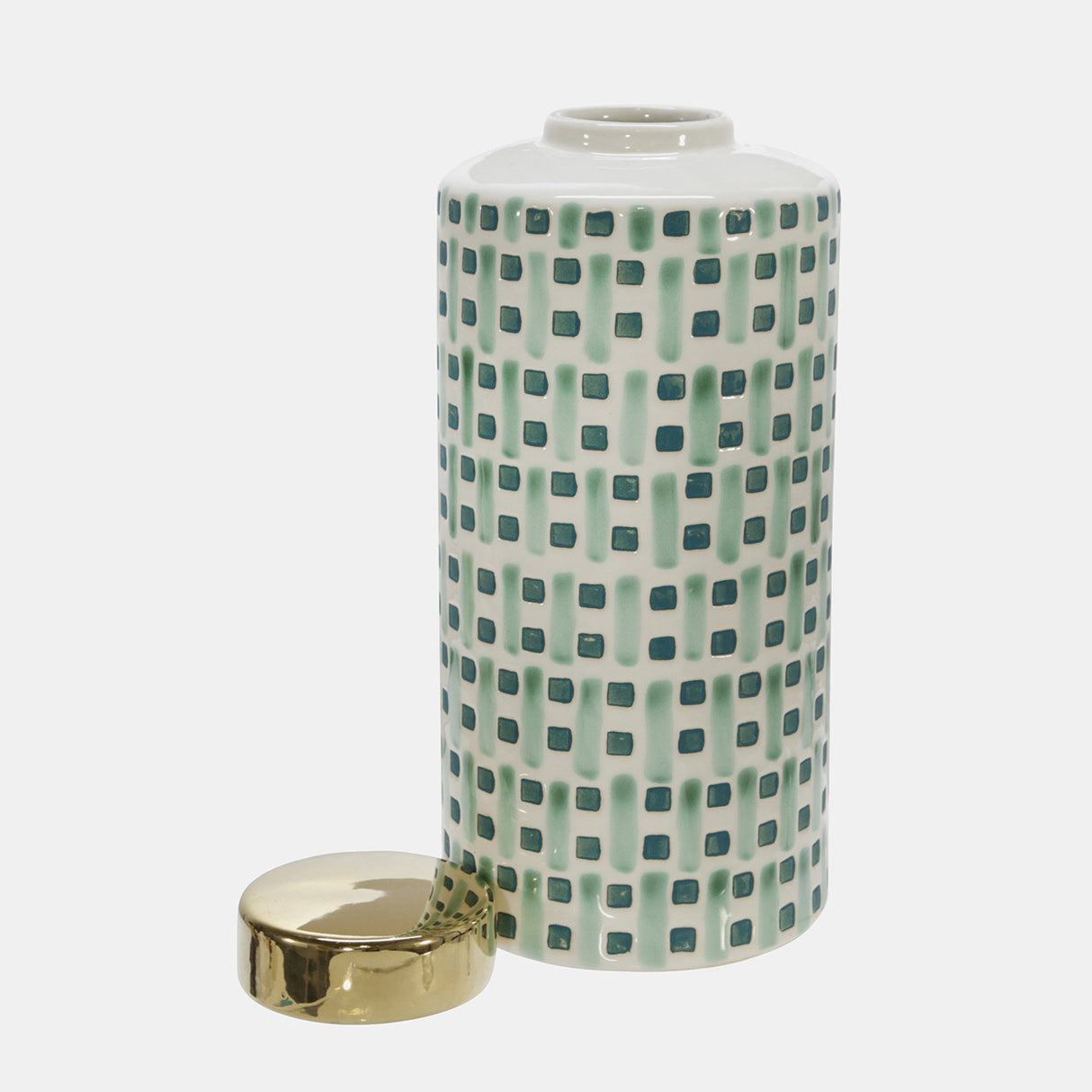 Ceramic 13" Jar With Gold Lid, Green/white - 14810-06