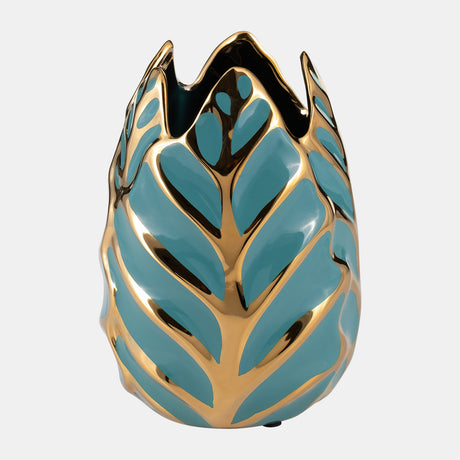 Ceramic 8"h Leaf Vase, Turquoise/gold from Sagebrook Home - Luna Furniture