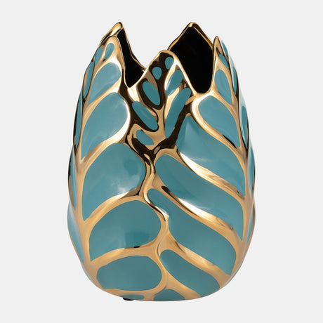 Ceramic 8"h Leaf Vase, Turquoise/gold from Sagebrook Home - Luna Furniture