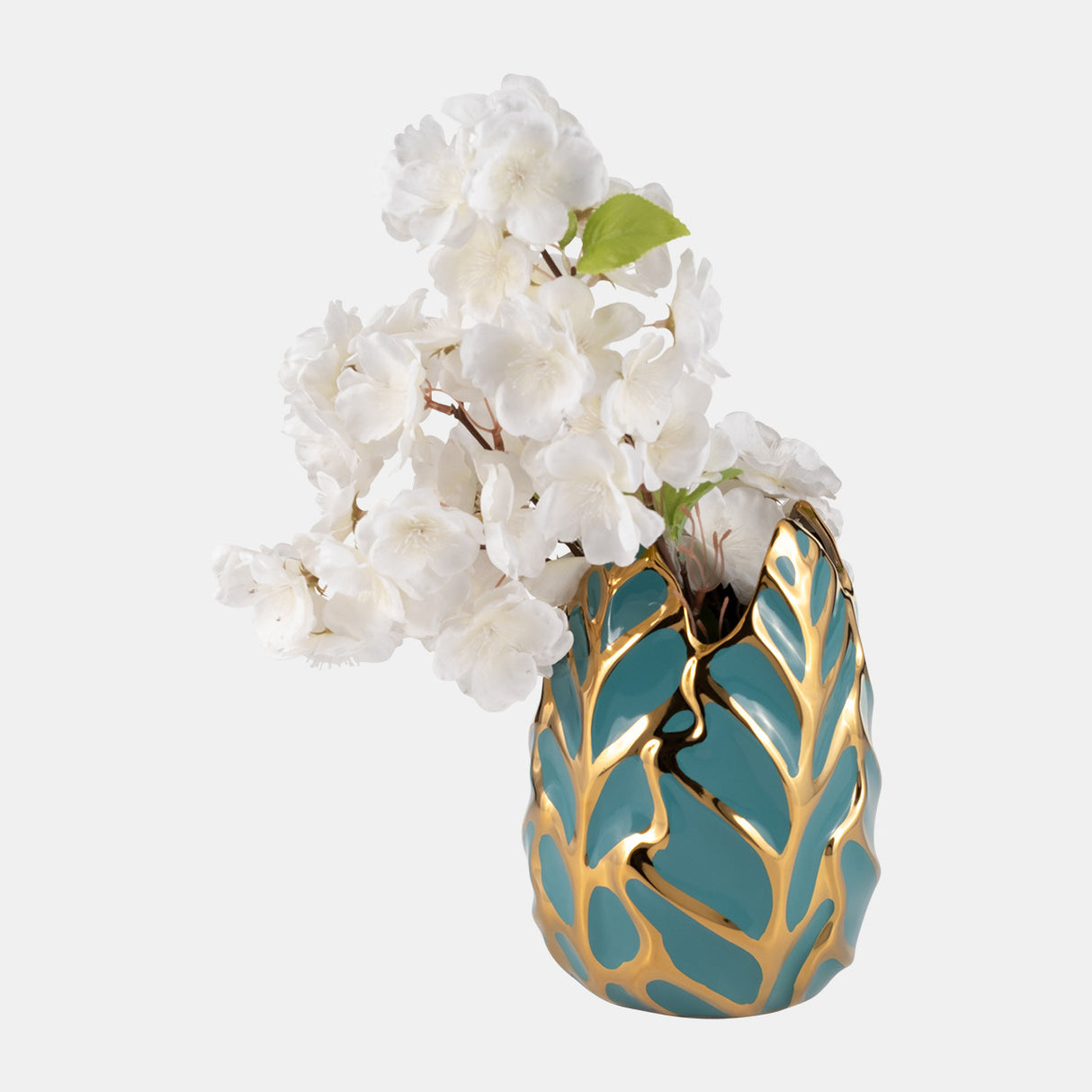 Ceramic 8"h Leaf Vase, Turquoise/gold from Sagebrook Home - Luna Furniture