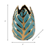 Ceramic 8"h Leaf Vase, Turquoise/gold from Sagebrook Home - Luna Furniture