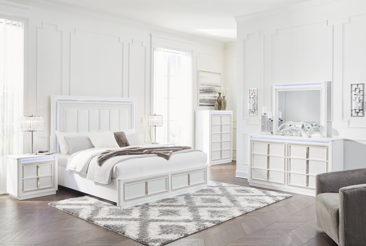 Chalanna Queen Upholstered Storage Bed with Mirrored Dresser in White - PKG018807