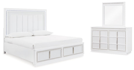 Chalanna Queen Upholstered Storage Bed with Mirrored Dresser in White from Ashley - Luna Furniture