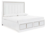 Chalanna Queen Upholstered Storage Bed with Mirrored Dresser in White - PKG018807