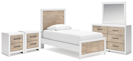 Charbitt Twin Panel Bed with Mirrored Dresser and 2 Nightstands in Two-tone - PKG016564