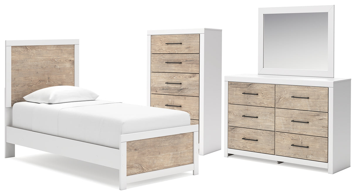 Charbitt Twin Panel Bed with Mirrored Dresser and Chest in Two-tone from Ashley - Luna Furniture