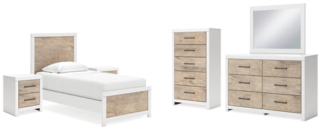 Charbitt Twin Panel Bed with Mirrored Dresser, Chest and 2 Nightstands in Two-tone - PKG016565