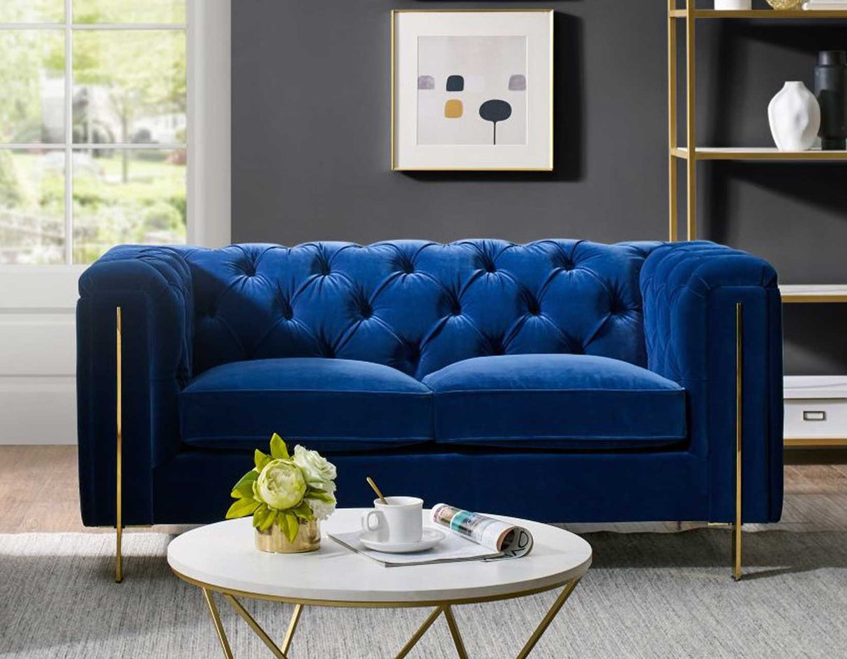 Charlene Blue Velvet Button Tufted Rolled Arm Chesterfield Loveseat from Steve Silver - Luna Furniture