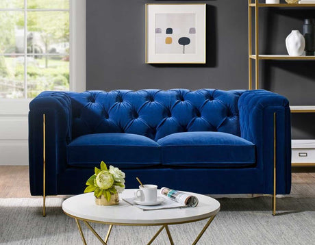 Charlene Blue Velvet Button Tufted Rolled Arm Chesterfield Loveseat from Steve Silver - Luna Furniture