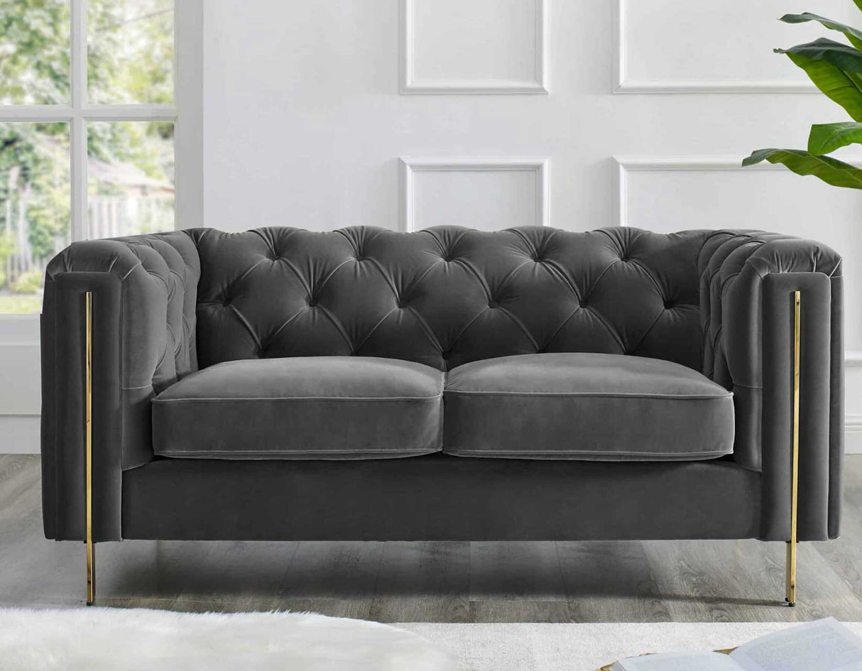 Charlene Gray Velvet Button Tufted Rolled Arm Chesterfield Loveseat from Steve Silver - Luna Furniture