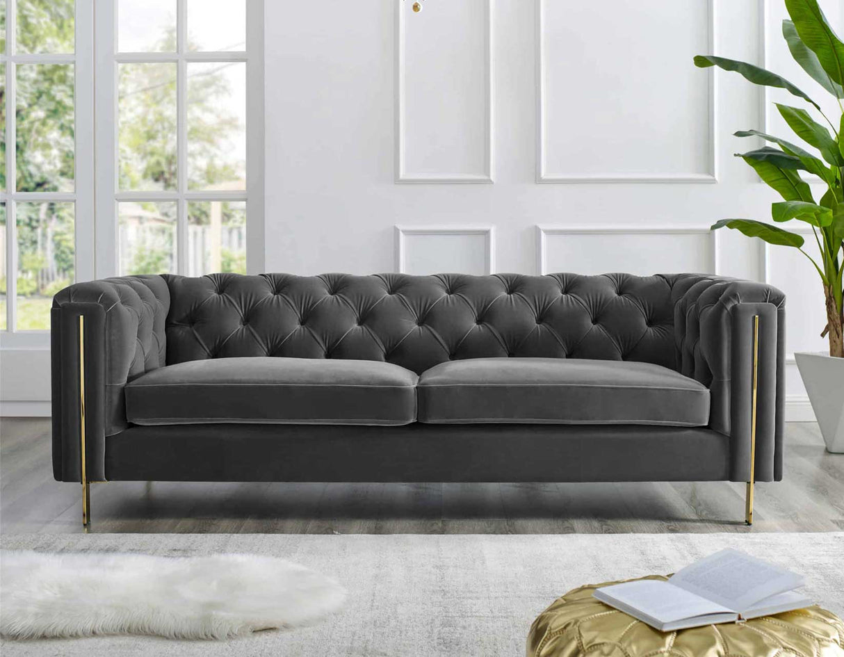 Charlene Gray Velvet Button Tufted Rolled Arm Chesterfield Sofa from Steve Silver - Luna Furniture