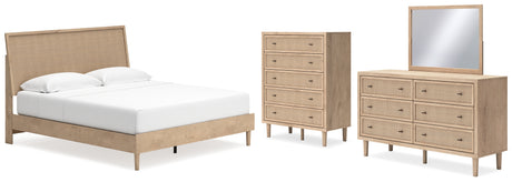 Cielden King Panel Bed with Mirrored Dresser and Chest in Two-tone - PKG018699