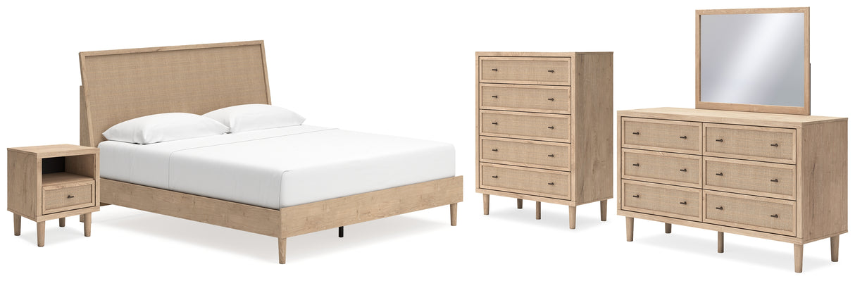 Cielden King Panel Bed with Mirrored Dresser, Chest and Nightstand in Two-tone - PKG018700