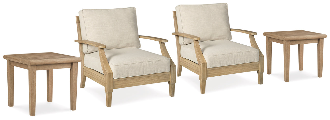 Clare View 2 Outdoor Lounge Chairs with 2 End Tables in Beige from Ashley - Luna Furniture