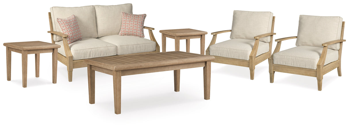 Clare View Outdoor Loveseat and 2 Lounge Chairs with Coffee Table and 2 End Tables in Beige from Ashley - Luna Furniture