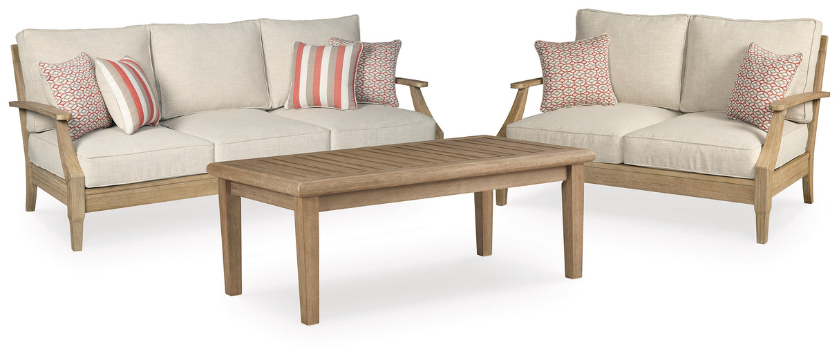 Clare View Outdoor Sofa and Loveseat with Coffee Table in Beige from Ashley - Luna Furniture