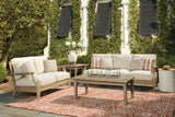 Clare View Outdoor Sofa and Loveseat with Coffee Table in Beige from Ashley - Luna Furniture