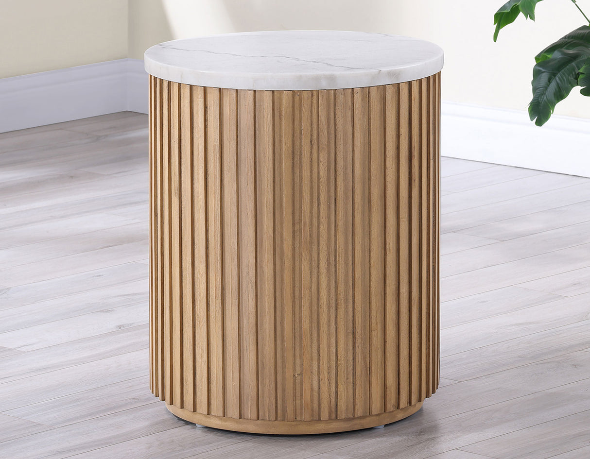 Colvin 18″ Round White Marble Top End Table, Toffee Finish from Steve Silver - Luna Furniture