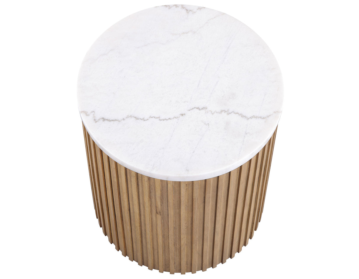 Colvin 18″ Round White Marble Top End Table, Toffee Finish from Steve Silver - Luna Furniture