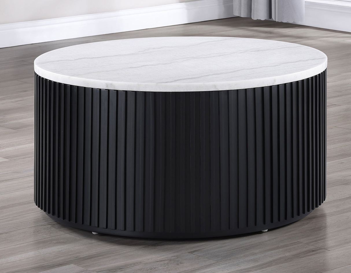 Colvin 36″ Round Castered White Marble Top Coffee Table, Black Finish from Steve Silver - Luna Furniture