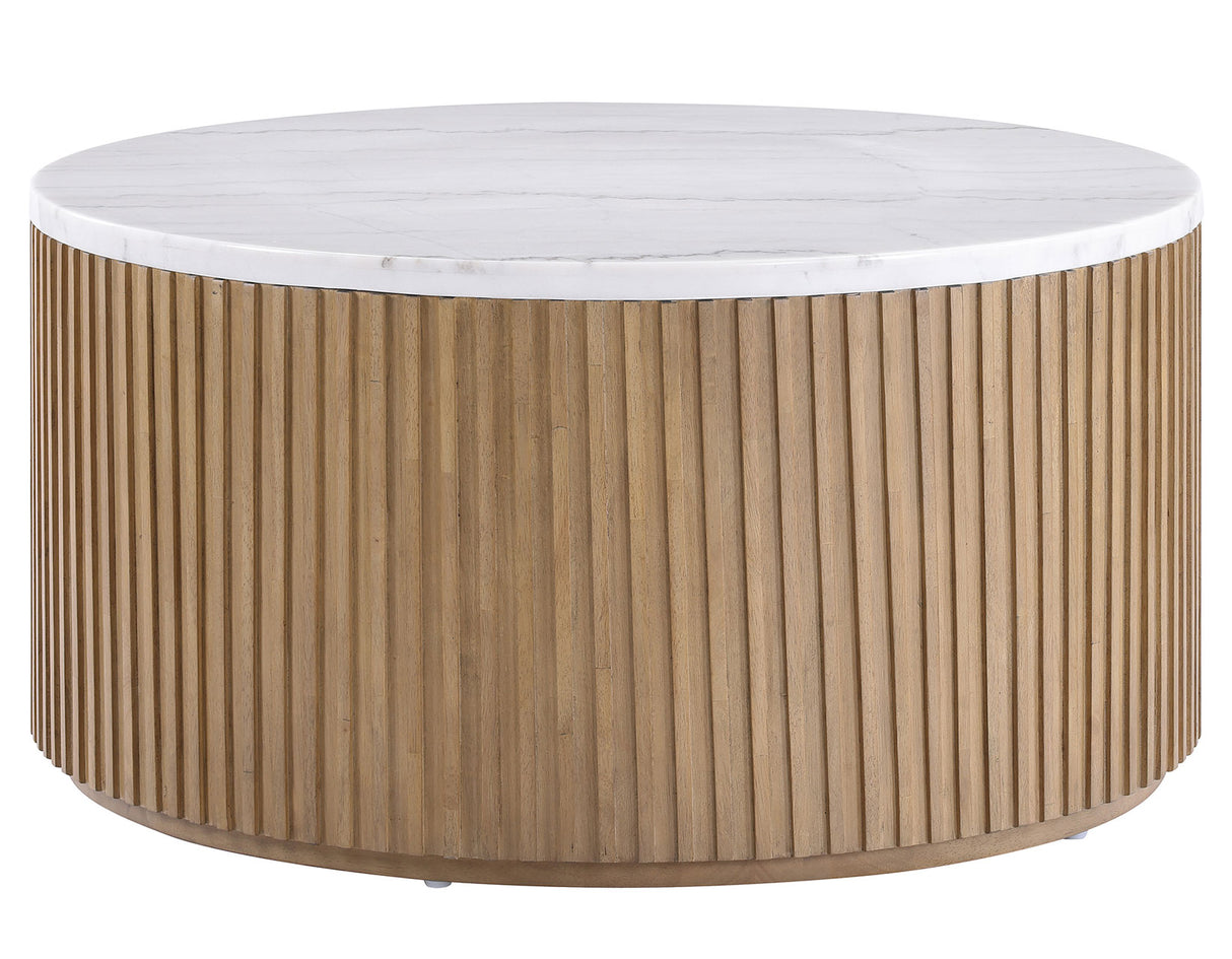 Colvin 36″ Round Castered White Marble Top Coffee Table, Toffee Finish from Steve Silver - Luna Furniture