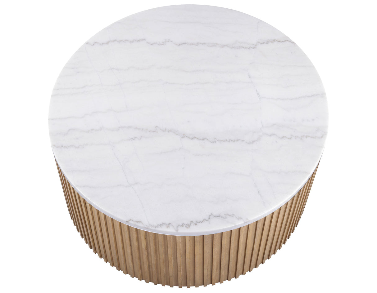 Colvin 36″ Round Castered White Marble Top Coffee Table, Toffee Finish from Steve Silver - Luna Furniture