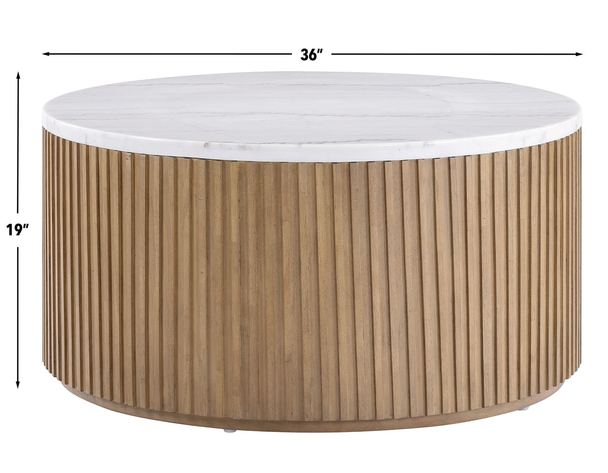 Colvin 36″ Round Castered White Marble Top Coffee Table, Toffee Finish from Steve Silver - Luna Furniture