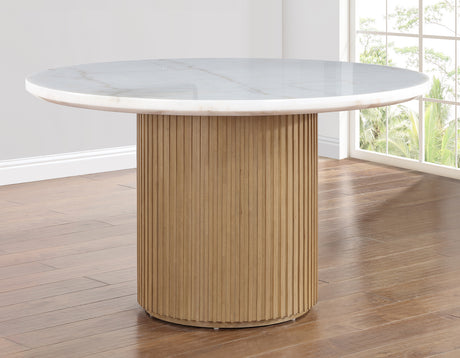 Colvin 52″ Round White Marble Table, Toffee Finish from Steve Silver - Luna Furniture