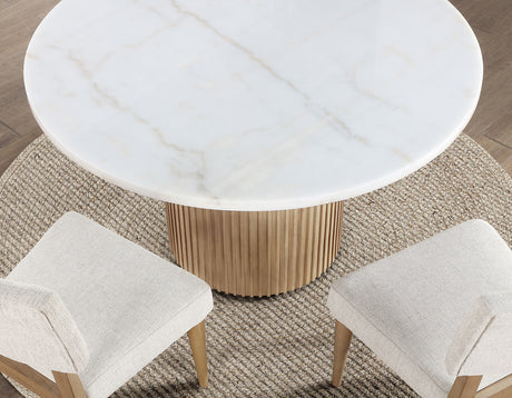 Colvin 52″ Round White Marble Table, Toffee Finish from Steve Silver - Luna Furniture