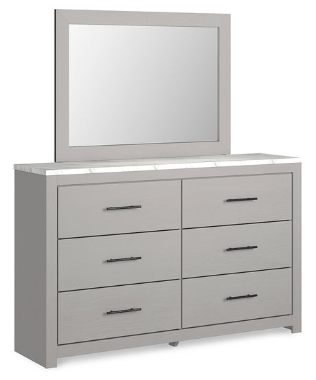 Cottonburg King Panel Bed with Mirrored Dresser and Nightstand in Light Gray/White - PKG019142