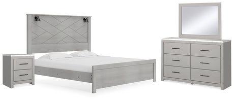 Cottonburg King Panel Bed with Mirrored Dresser and Nightstand in Light Gray/White - PKG019142