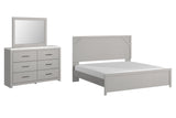 Cottonburg King Panel Bed with Mirrored Dresser in Light Gray/White - PKG009407