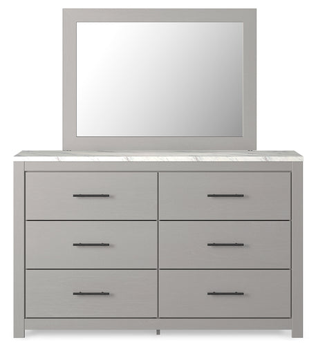 Cottonburg King Panel Bed with Mirrored Dresser in Light Gray/White - PKG017963