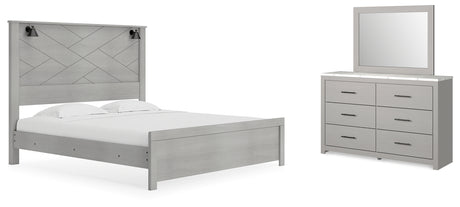 Cottonburg King Panel Bed with Mirrored Dresser in Light Gray/White - PKG017963