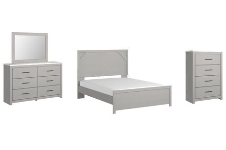 Cottonburg Queen Panel Bed with Mirrored Dresser and Chest in Light Gray/White - PKG009403