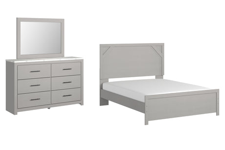 Cottonburg Queen Panel Bed with Mirrored Dresser in Light Gray/White - PKG009401